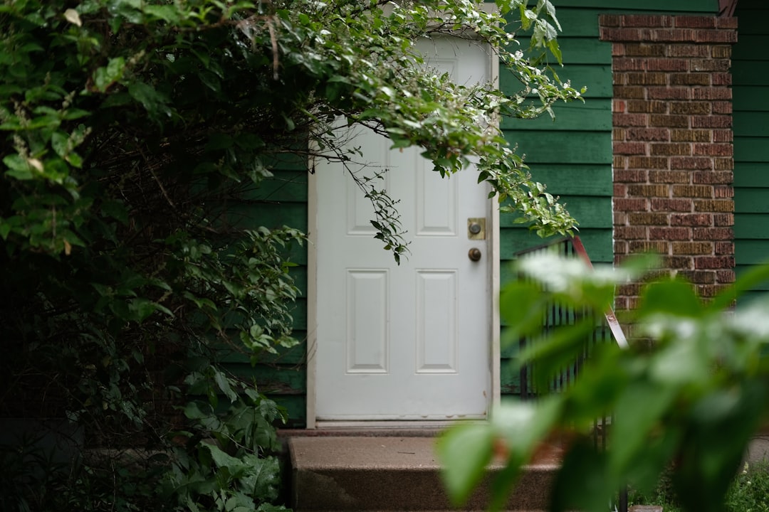 White door on a green house obscured by green foliage.