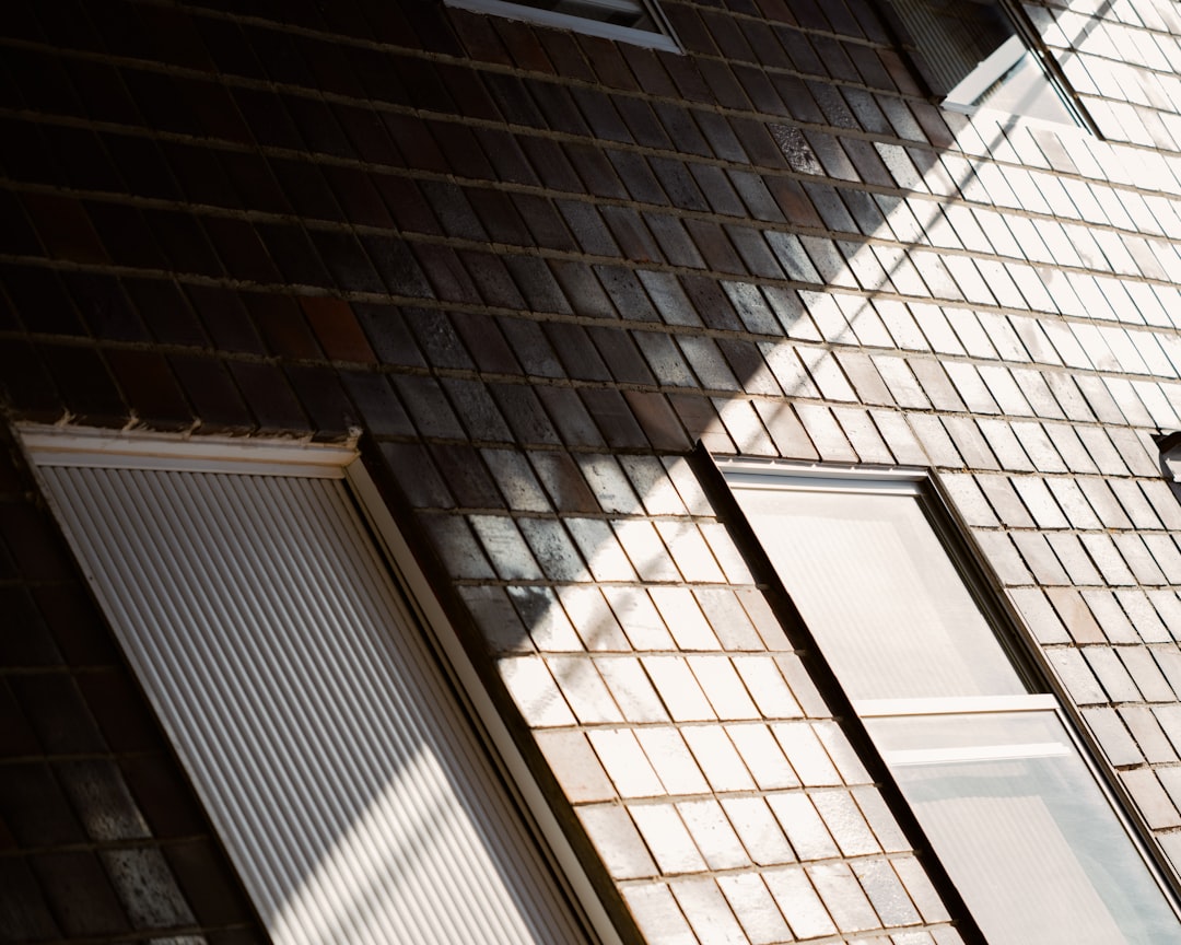 A dark brick wall with two windows and sharp diagonal shadows